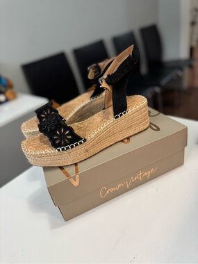 Black Suede Espadrille Wedge Sandals